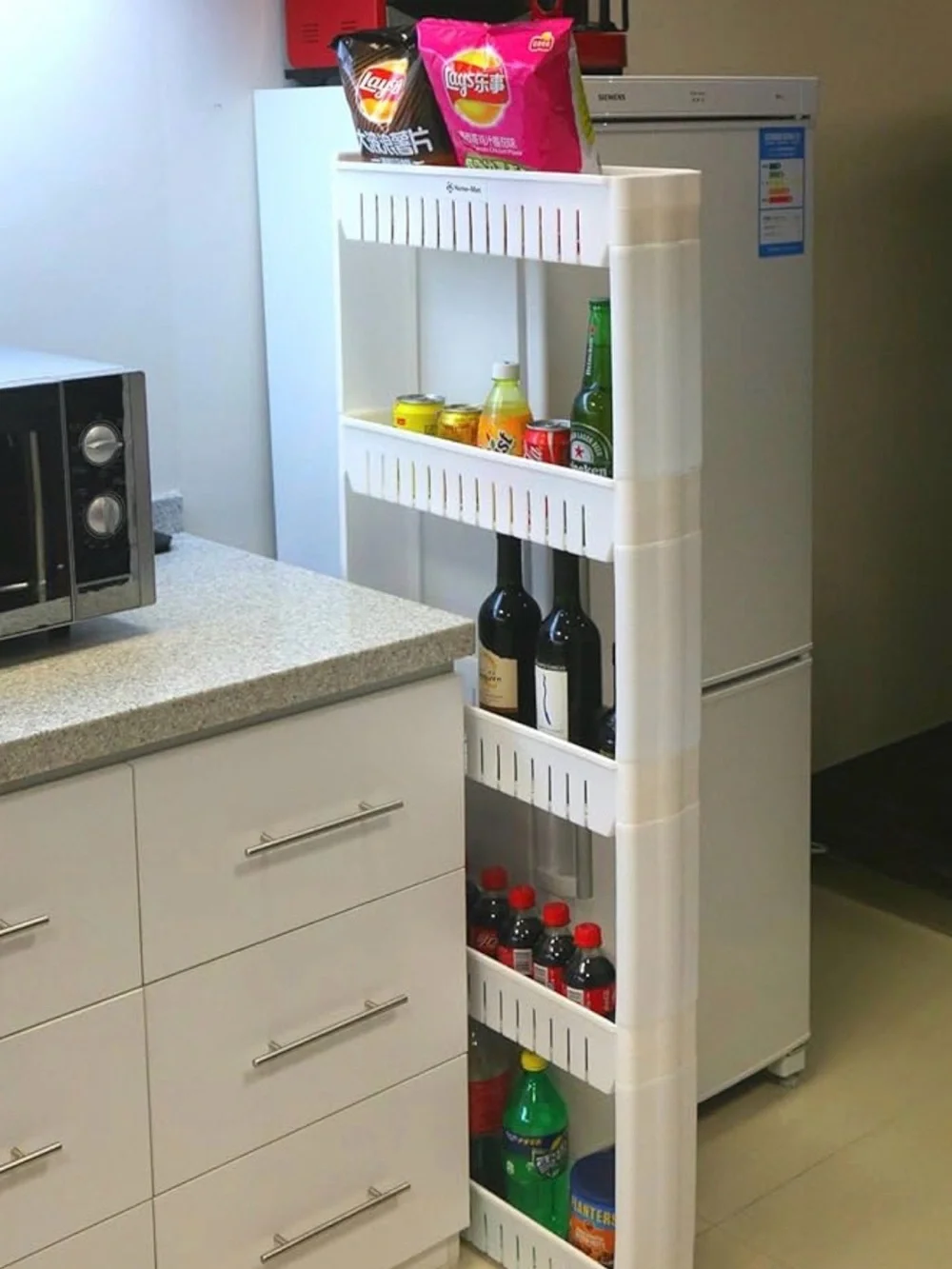 Slim White Kitchen Laundry Bathroom Storage Rack - Space-Saving 5-Tier Organizer